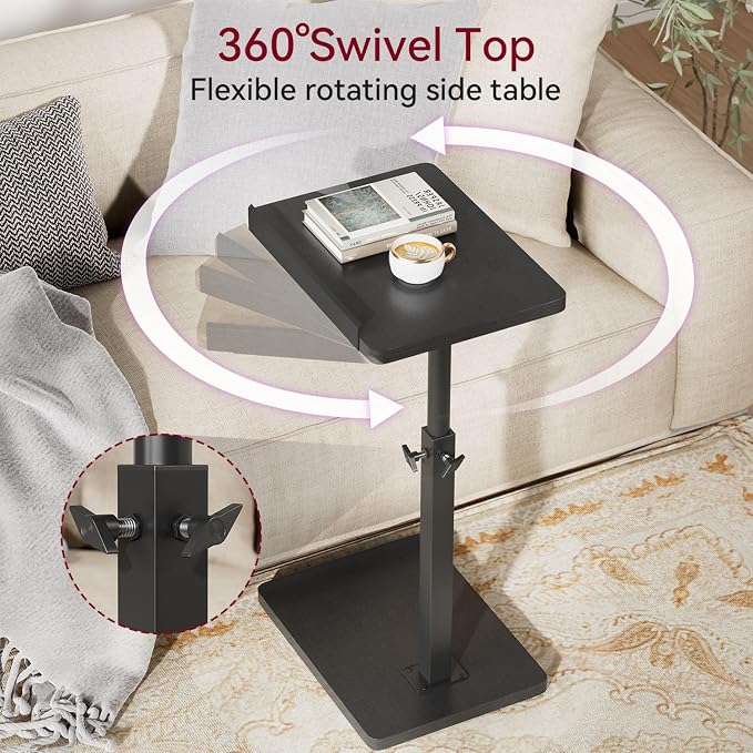 IBUYKE C Shaped Side Table, Angle Adjustable, 360° Swivel Height Adjustable End Table for Small Spaces, for Phone Computer & Tablet, Modern Small Coffee Snack Table for Sofa/Bed, Black UTVT004B