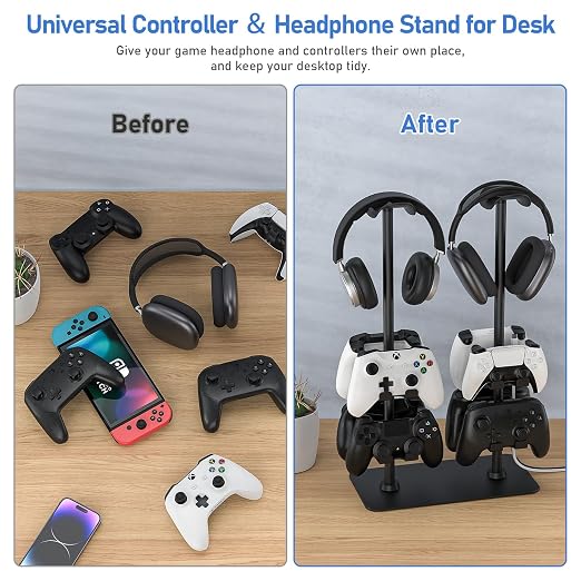 MANMUVIMO Headset Stand Controller Holder for 2 Headset and 8 Controller, Headphone Stand Gaming Controller Holder for PS5 Xbox Airpods Beats Bose, Gaming Room Accessories, Gamer Gifts for Men