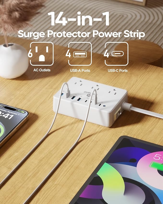 Small Surge Protector Power Strip, Kakyanill 5 ft Flat Extension Cord with 4 Outlets 3 USB Ports (2 USB C), 900 Joules Protection, Suitable for Home Office Dorm Room, White