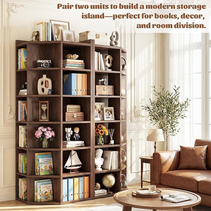Aheaplus 7-Tier Wooden Corner Cube Bookshelf, Corner Storage Cabinet with 18 Cubes, Corner Cube Organizer Display Shelf with Top Table, Modern L Shaped Cubby Bookcase for Home Office, Black Walnut