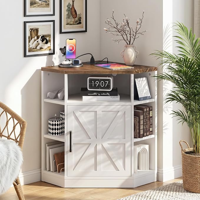 CHOEZON Corner Cabinet with Charging Station, Farmhouse Corner Bookshelf, Corner Storage Cabinet with Adjustable Shelf, for Living Room, Bedroom, Kitchen, Bathroom, White and Walnut MCW26UWL