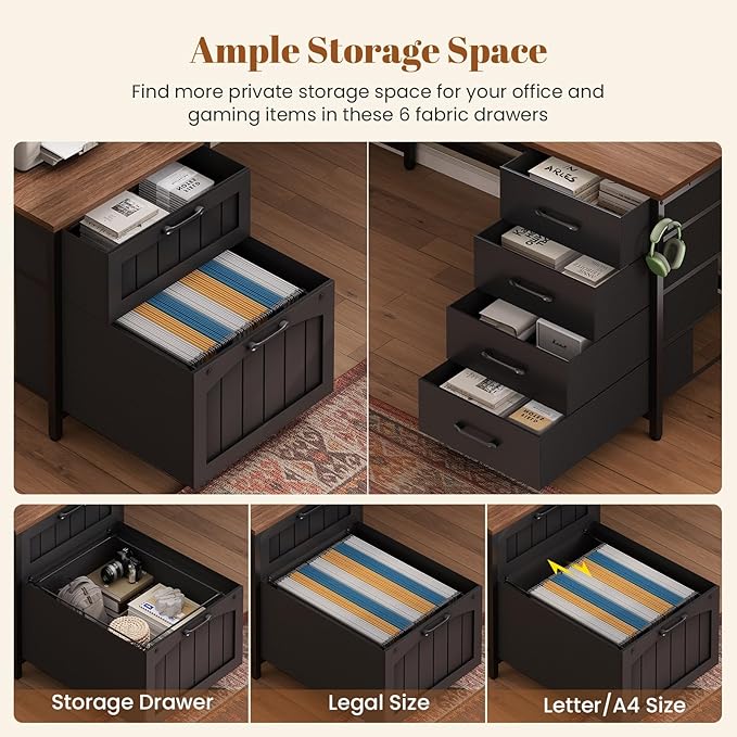 SEDETA Farmhouse L Shaped Office Desk with 6 Drawer, Reversible Computer Desk with Power Outlet, Hutch for Home Office/Two Person, Corner Desk with File Drawer & Printer Storage Shelves, Black