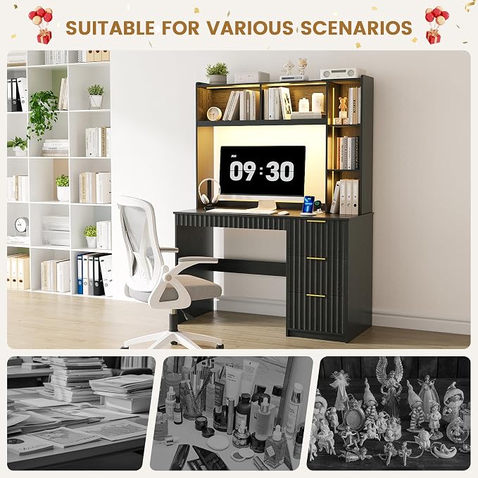 Modern Smart LED Study Desk with Hutch & Storage Cabinet - 3 Color LED Lighting, Card-Based Lock & USB Charging Ports, Multipurpose Computer Desk for Home Office & Student,Black