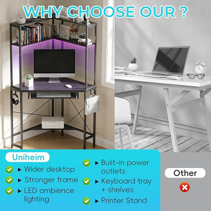 Corner Desk with Hutch and LED Lights, Corner Computer Desk with Keyboard Tray and Monitor Stand, Small Computer Desk for Small Spaces, Home Office（Carbon Black）