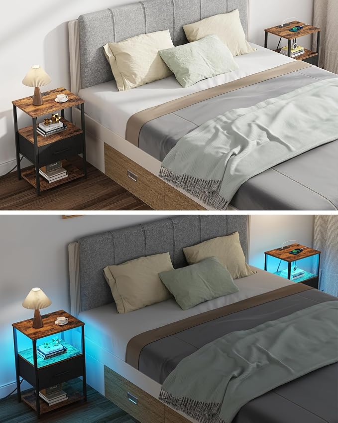 TUTOTAK LED Nightstand Set of 2, Night Stand with Charging Station, End Table, Bedside Table with Fabric Drawer, Side Table for Livingroom and Bedroom, Brown TB01BB0692L