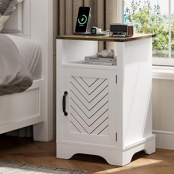 RoyalCraft 25" Tall Nightstand Set of 2, Farmhouse Nightstand with Charging Station, Large End Table with Storage, White Wood Bedside Table for Bedroom, White and Rustic Oak