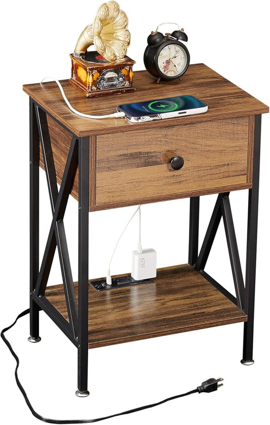 VECELO Nightstand, Bedside End Tables with Charging Station, USB Ports, Drawer Shelf, Night Stand for Bedroom Living Room 1-Pack, Brown