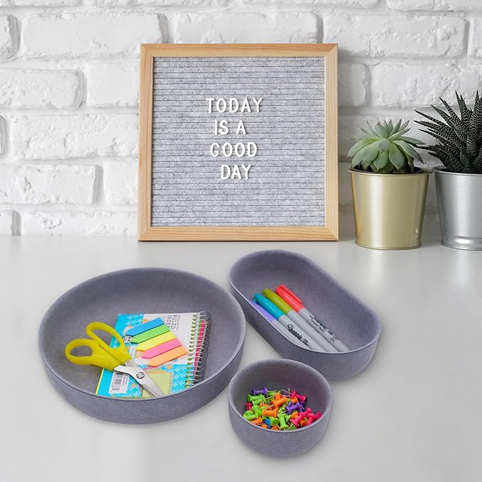 Welaxy EDC Cathall Desk Organizer felt bowls round stylish nightstand multi tray Entryway Bedside Caddy for Keys Phone Wallet Watch Glasses Pens minimalist living 3-Piece (Glacier gray)