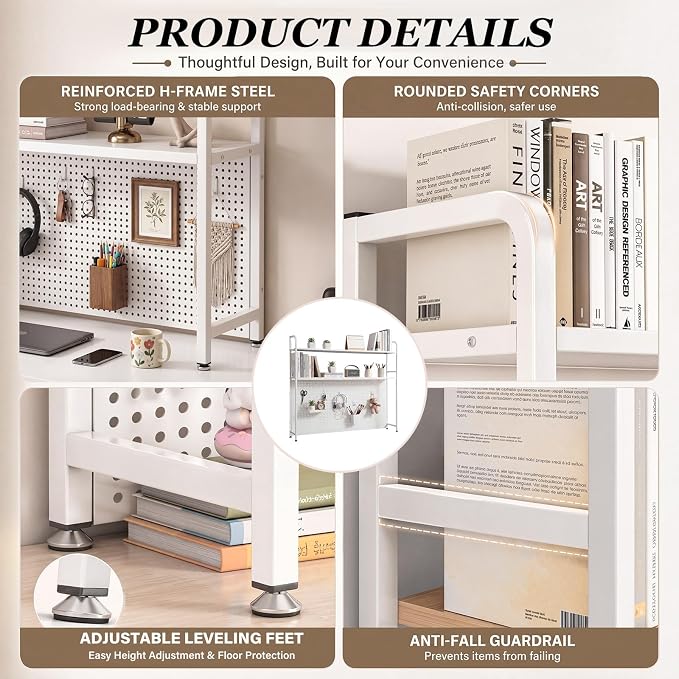 Leinuosen Desktop Shelf for Dorm Desk Hutch Bookshelf with Pegboard and Hooks 2 Tier Organizer Countertop Storage Bookcase Metal Hutch Display Rack with Hooks for Home Office College Dorm
