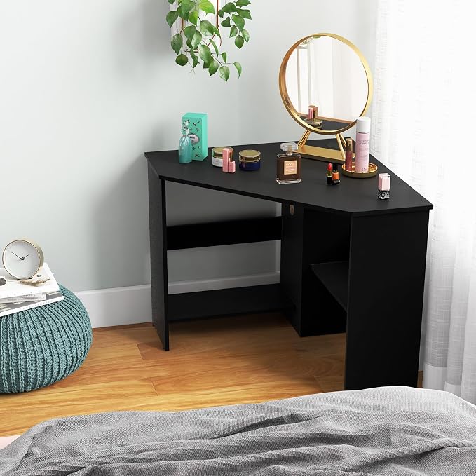 GOFLAME Corner Desk with Storage Shelves, Triangular Computer Desk with Cable Management Holes, Laptop Workstation for Small Space, Makeup Vanity Desk for Living Room, Study, Black