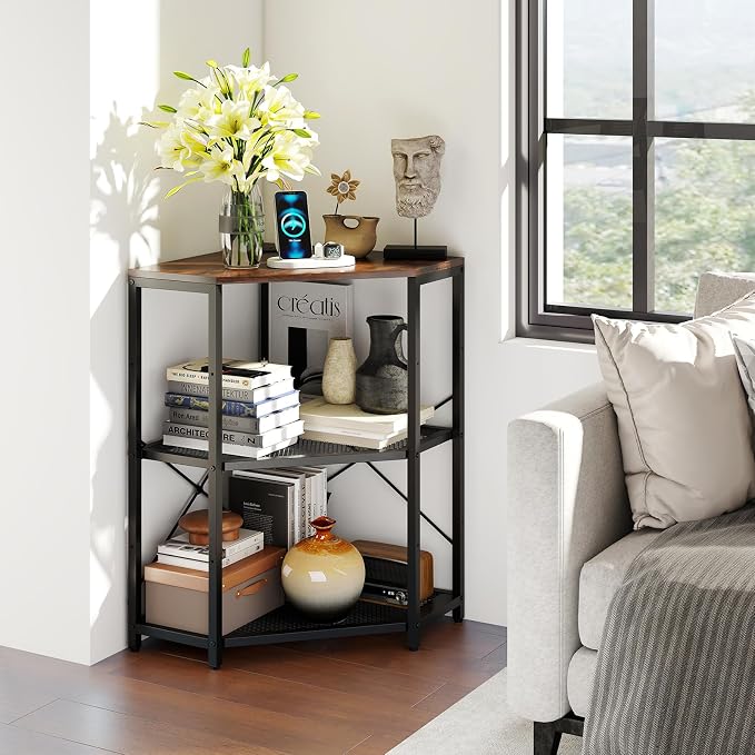 Tangkula Corner Printer Stand with Power Outlet, 3-Tier Storage Rack with Adjustable Metal Mesh Shelf, Freestanding Corner Table Computer Tower Holder for Home Office Living Room (Rustic Brown)