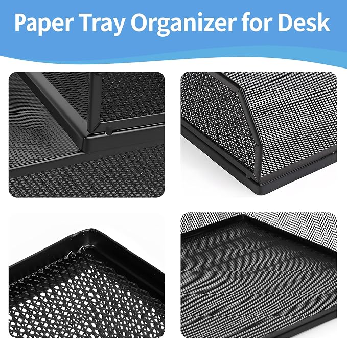 Paper Tray Desk Organizer, 2 Pack Stackable Letter File Tray, Wire Mesh Desktop Organizer, Front-Load Metal A4 Paper Sorter Documents Storage Holder Tray for Office Supplies Home School Classroom