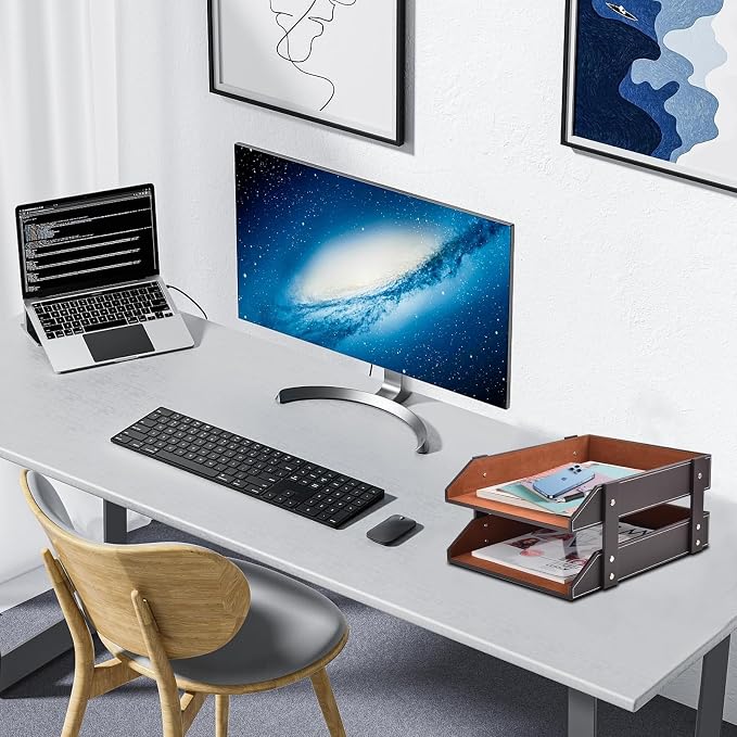 Leather Desk Organizer,2-Tier Stackable Letter Tray Holder,Office Supplies Desktop Storage Box for Document,Stationery,Magazines,Newspapers,Letters and Other Home Office Paper Sundries,Coffee