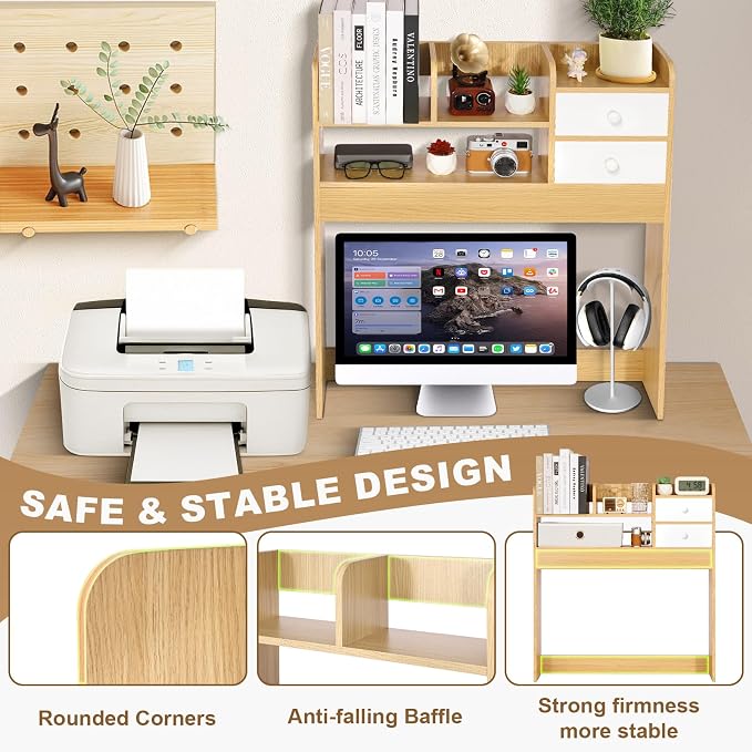 YGYQZ Wood Desk Shelf Organizer, Desk Hutch Top Only, Countertop Storage Hutch with 4 Shelves for Computer Desk，2-Tier with Cabinet Door Rack for Office, Home, Dorm，Natural
