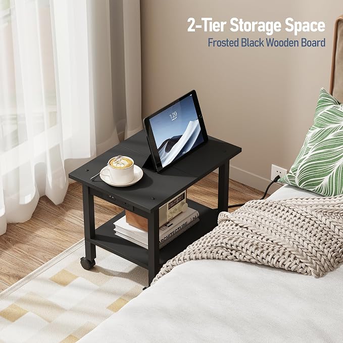 TUTOTAK 2 Tier Printer Stand, Rolling Printer Cart with Power Outlets and USB Ports, Mobile Printer Table with Wheels, for Under Desk, Office, Home, Black PS01BK001P