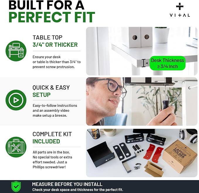 VI+AL Under Desk Laptop Mount - Hidden Metal Shelf with Side Storage, Hook & Cable Organizer - Installs with Tape & Screws - Fits Devices up to 1.7" Thick - Deluxe