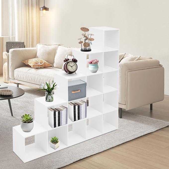Ladder Cube Storage Bookcase, Desktop Drawers Cabinet, 15-Compartment L-Shaped Organizer, Corner Shelf, Free Standing, for Bedroom Living Room Study Office, Books Toys Decor