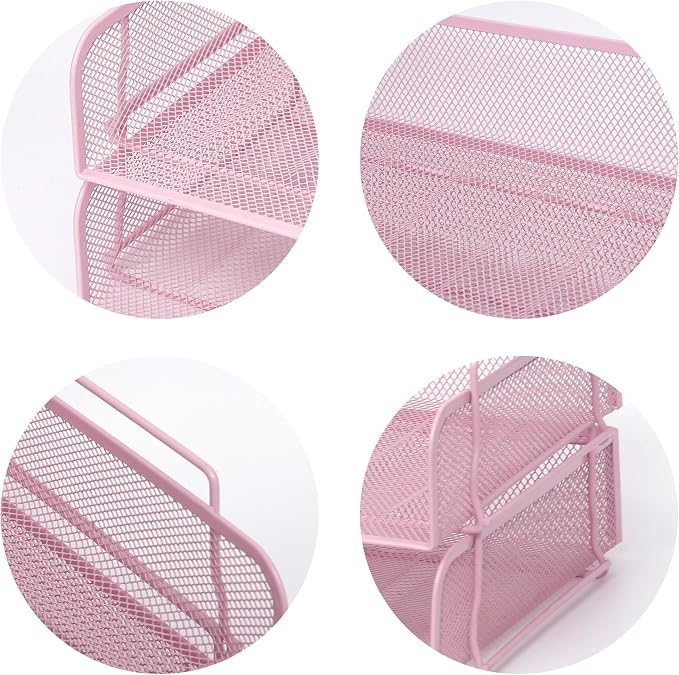 EASEPRES 2 Pack Stackable Desk Paper Tray, Metal Mesh Desktop Document Letter File Organizer for Office Home School, 13.5'' L x 9.75'' W x 5.5'' H, Pink