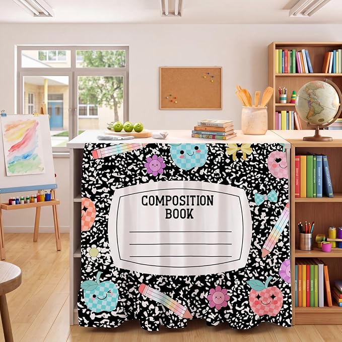 VitalCozy Composition Notebook Table Skirt for Classroom Teacher 35" W X 35" L Desk Skirts Teacher Appreciation Week Back to School Gifts for Kindergarten Classroom Office Bookcase Decoration