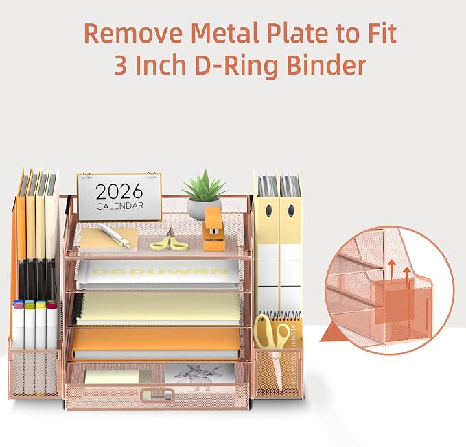 SUPEASY Mesh Desk Organizer with File Holder, 5-Tier Paper Letter Tray Organizer with Magazine Holder, Desktop Organizer and Storage with Drawer for Office Supplies Home or School (Rose Gold)