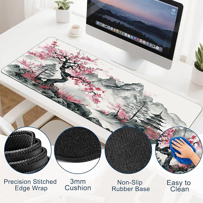 Gaming Desk Mat with Silky Smooth Surface & Exquisite Patterns,31.5x11.8 Inches Large-Sized Mouse Pad, Perfect for Extended Gaming,Work,and Home Office Decor (Japanese Ink Painting)