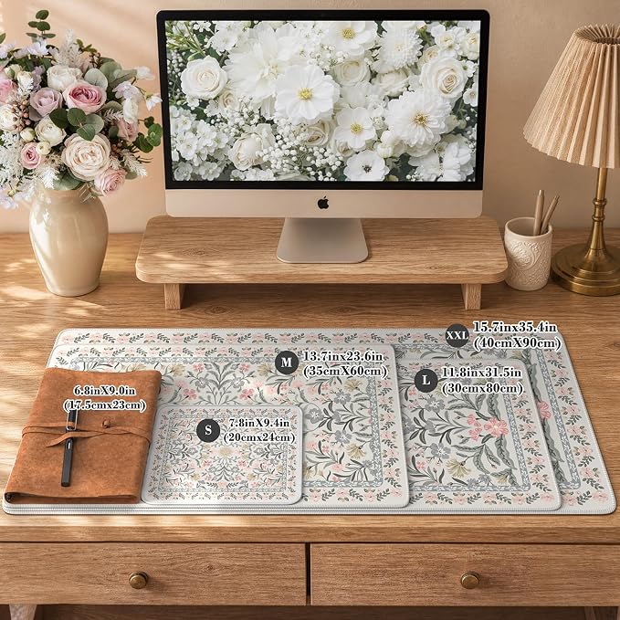 iCasso Aesthetic Floral Desk Mat, L Mouse Pads, Anti-Slip Mousepad with Stitched Edges, Waterproof Computer Pad 11.8"x31.5", Desk Accessories Office Decor for Women(Gray Floral)