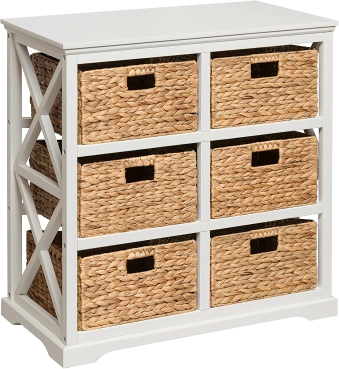 eHemco Hampton Meadows 3 Tier X-Side End Storage Cabinet with 6 Wicker Baskets, White