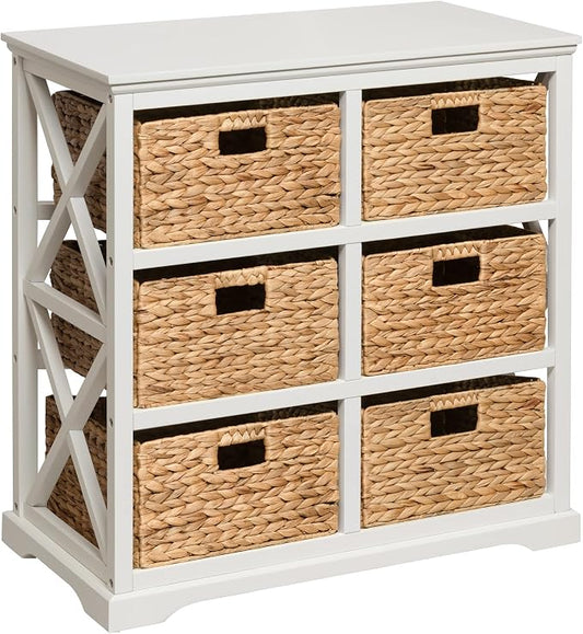 eHemco Hampton Meadows 3 Tier X-Side End Storage Cabinet with 6 Wicker Baskets, White