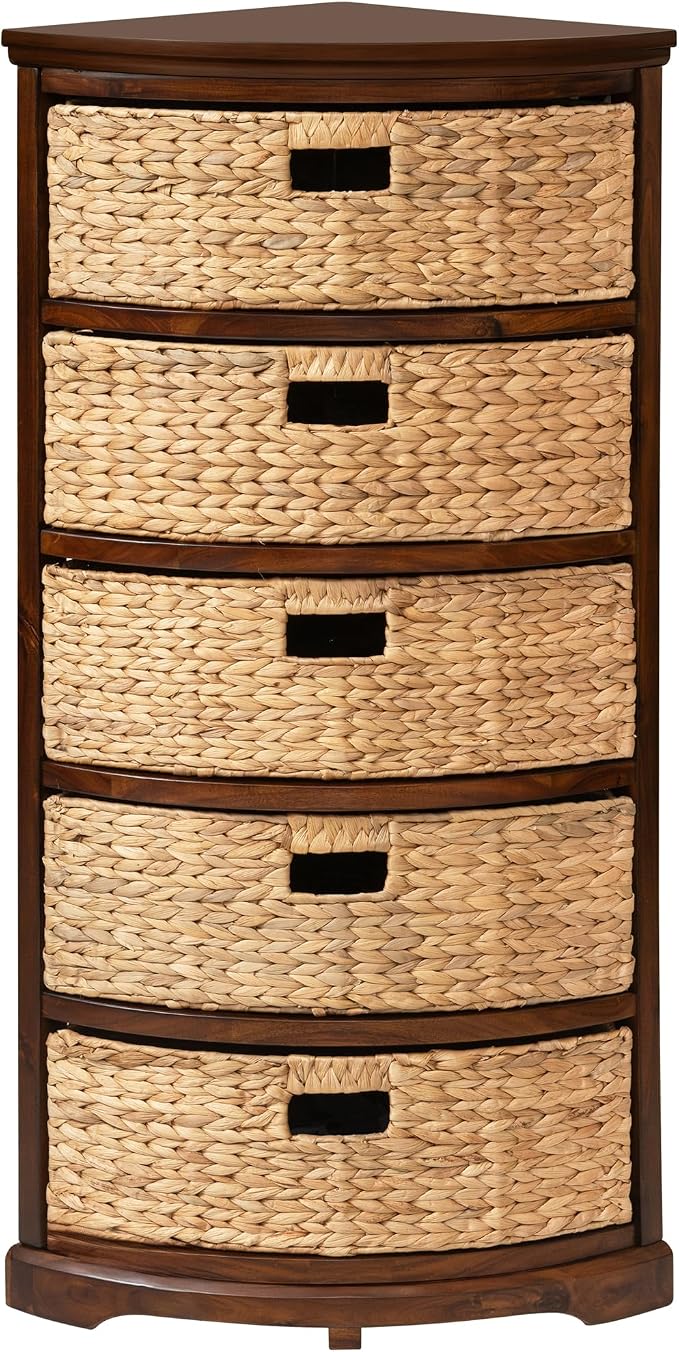 eHemco Hampton Meadows 5 Tier X-Side Corner Storage Cabinet with 5 Wicker Baskets, Walnut