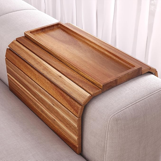 Sofa Arm Tray,Acacia Wood Folding Couch Arm Tray,Sofa Armrest Trays with Anti-Slip Pad for Drinks,Snacks,Phone,Remote Control
