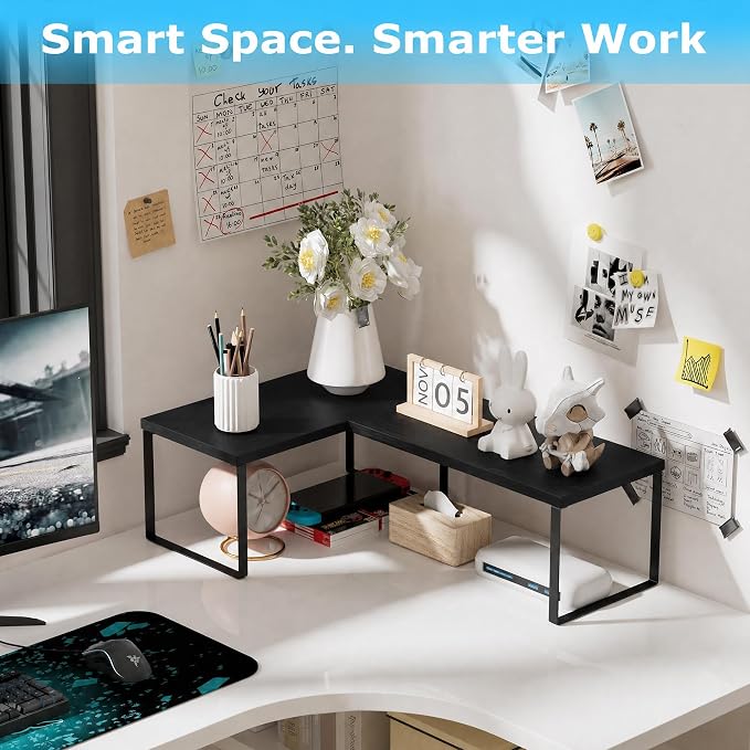 Aothia Desktop Shelf Organizer for Top of Desk, Modular 2-Tier Stackable Wood Storage Shelf, Modular Desk Organizer for Office, Home Workspace & Kitchen Counter, Black