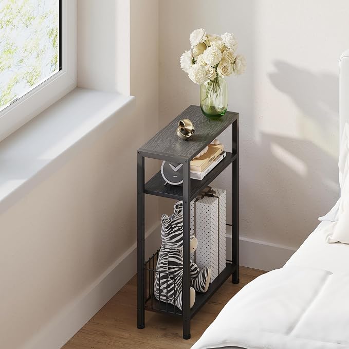 TRIFEBLE Narrow Side Table with Storage Basket, Small End Table for Small Spaces, Slim Sofa Table for Living Room, 3 Tier Bedside Table for Bedroom, Black