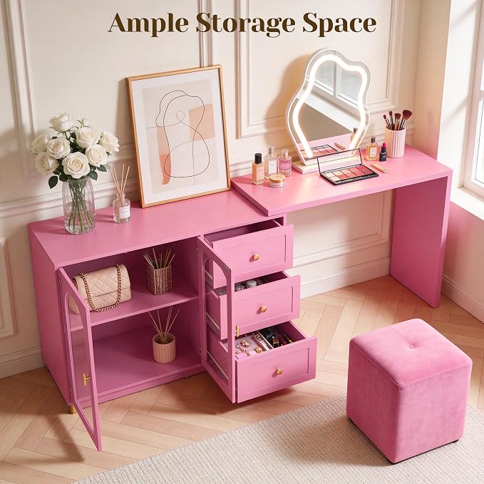 FansaFurn 83" 3-in-1 Vanity Table with 3 Drawers & 2 Doors, Extendable Makeup Vanity Desk, Morden Dressing Table for Bedroom, Dressing Room, Pink