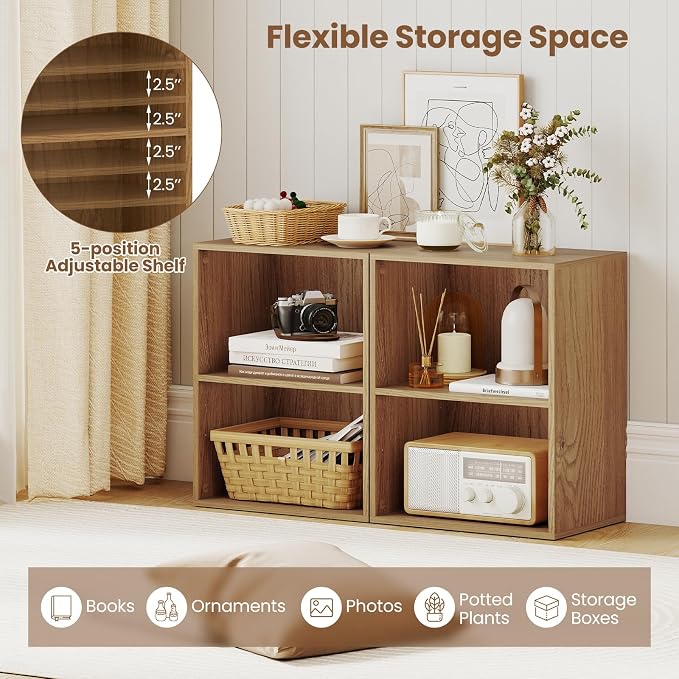 2 Cube Storage Organizer, 21" Small Bookcase with 5-Position Adjustable Panel, Under Desk Bookshelf, Modern Display Shelf, Wooden Cube Shelf for Home Office Bedroom (Natural)