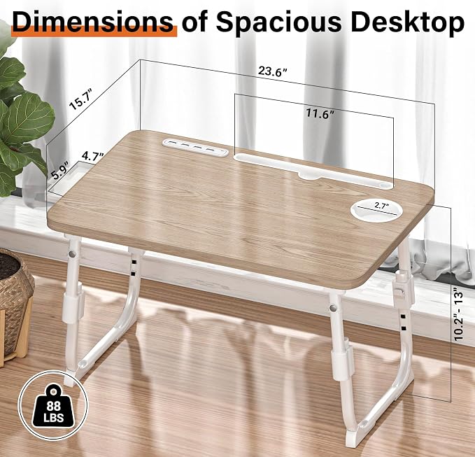 Lap Desk for Bed, Adjustable Laptop Desk with USB Charging Port, Storage Drawer & Bookshelf — Foldable Bed Desk for WFH & Students, 23.6" Desktop Fits 18" Laptop, Non-Slip, Glacier