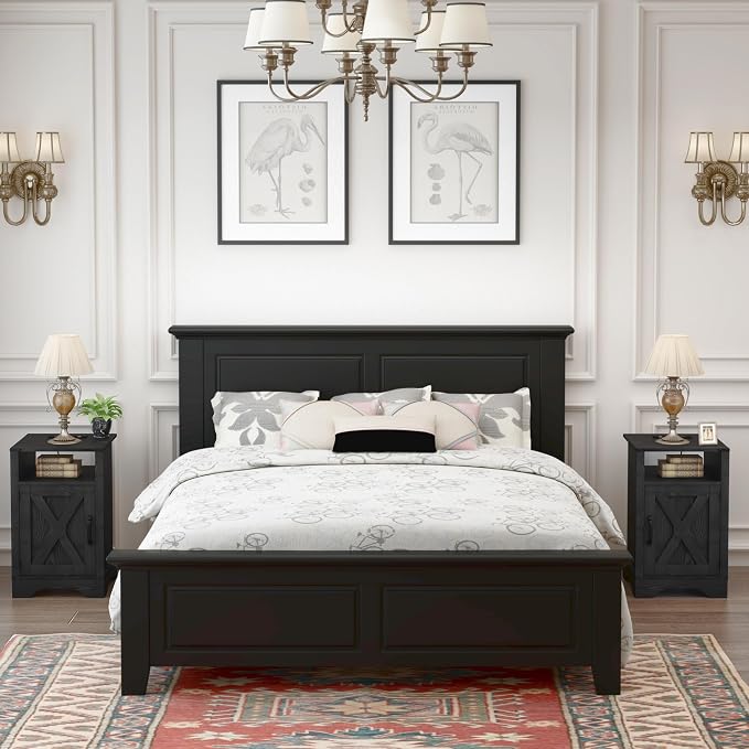 RoyalCraft 25" Tall Nightstand Set of 2, Farmhouse Nightstand with Charging Station, Large Wood End Table with Storage, Black Bedside Table for Bedroom