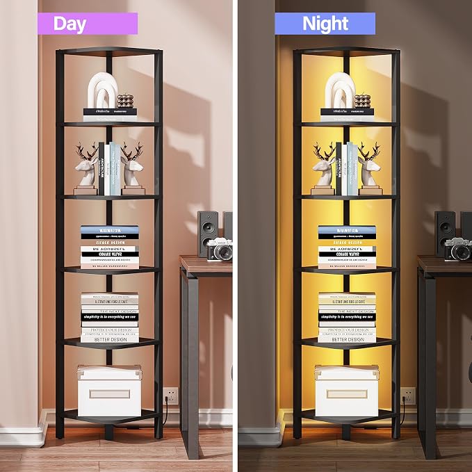 TUTOTAK Corner Shelf with LED Light, 6-Tier Corner Bookshelf for Small Space, Narrow Display Corner Shelf Stand with Storage Rack, for Living Room, Bedroom, Black BS08BK006L