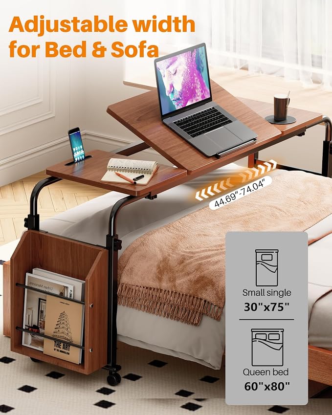 Laptop Desk for Bed,6-Angle Adjustable Overbed Table with Wheels,Adjustable Height and Length Bed Table for Laptop with Side Bookshelf,Standing Desk,Over Bed Desk for Working Hospital Home (Oaken)