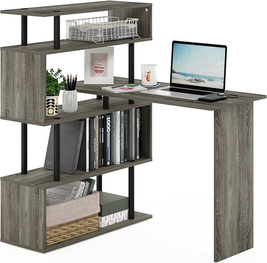 Furinno Classic Desk, 40" Wide L-Shape Gaming Desk, Computer Desk, Writing Desk with 5-Tier S-Shaped Side Shelves for Home Office, Study Room, Dorm, Bedroom, French Oak