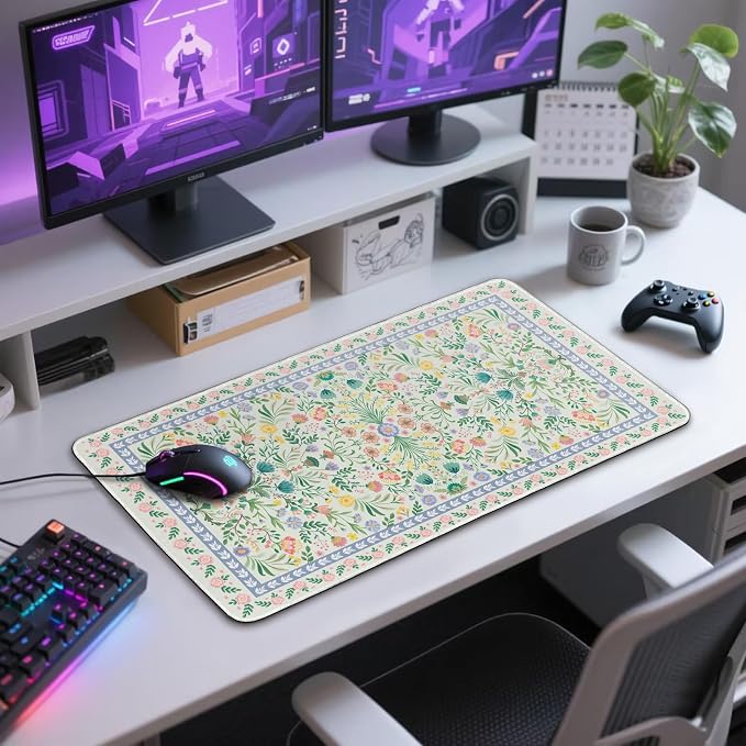 Green Floral Desk Mat, 31.5"x15.7" Large Mouse Pad, Anti-Slip Rubber Base Keyboard Pad with Stitched Edges, Water-Resistant Smooth Desk Blotter, Computer Mat for Home Office Desk