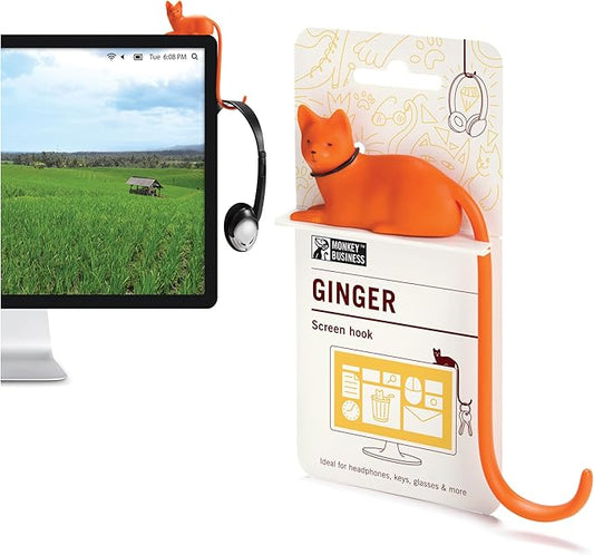 Monkey Business Ginger The Cat Tail Hook for Computer Screen, Tight Spaces, Hang Keys, Accessories in Easy Reach (Orange)