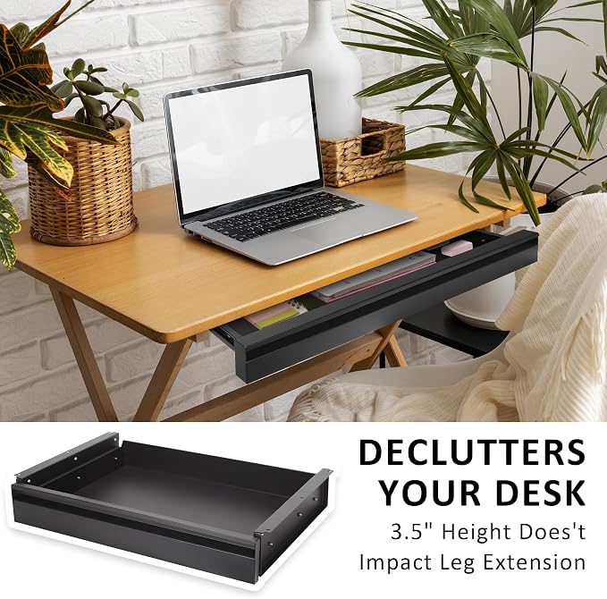 POPMOON 13.8 in Under Desk Drawer For Desk, Pull out Storage Organizer with Slide Extension Mounted Under Flat Wooden Table or Workbench, Carbon Steel Undermount Drawer,Black