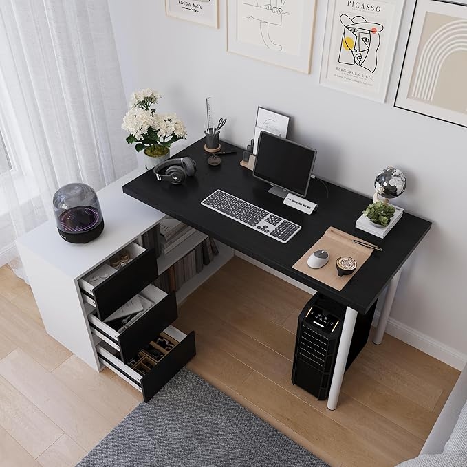 Mekminop L Shape Small Desk - Computer Corner Desk with 3 Drawers and 2 Shelves, 53 inch Home Office Table with Storage Cabinet for Gaming Writing Study, White+Black