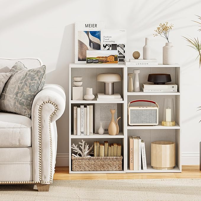 3 Shelf Bookshelf, 31.5” Small Bookcase with 2 Adjustable Shelves, Wooden Bookshelves and Bookcases, Modern Display Shelf, 3 Cube Storage Organizer for Home Office Bedroom (White)