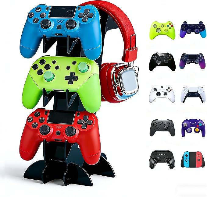 3-Tier Game Controller & Headphone Stand, Black Acrylic Storage Rack, Compatible with PS5/PS4/Xbox Series X/S/Switch Pro Controllers, Desktop Organizer for Gaming Accessories