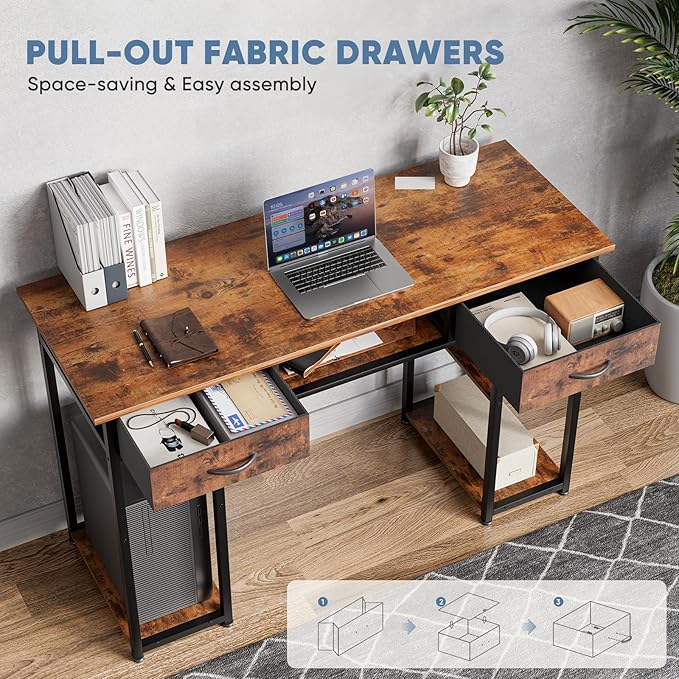 DUMOS 48" Small Computer Home Office Desk for Bedroom with Drawers, Gaming Writing Study Table with Storage Shelf, Adjustable Feet, Metal Frame Natural Brown