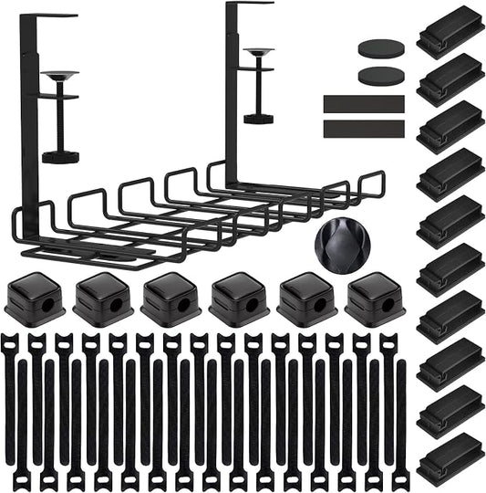 Under Desk Cable Management Tray, No Drill Steel Cord Organizer Kit with 52Pcs Different Essential Accessories for Home Office Standing Desk (15.7/13.4inch, Black)