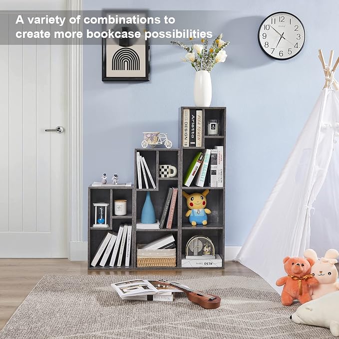 VECELO 11.8" Open Bookshelf, Waterproof Particle Board Asymmetrical Split Cubby Storage Organizer, Gray Uneven Compartment Display Cube for Tall Books, Bedroom Dorm Office
