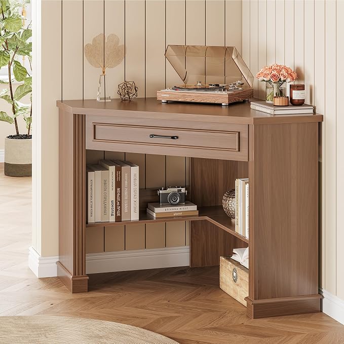 SEDETA Corner Desk for Small Space, Corner Computer Desk, Small Computer Desk with Drawers and Storage Shelves for Home Office, Living Room, Bedroom, Brown
