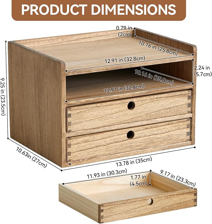 KIRIGEN Desktop Organizer Cabinet with 2 Drawers and Tray, Wood Office Desk Storage Shelf, 3-Tier Countertop Organizer for Papers, Supplies, Cosmetics, Kitchen Accessories Brown DT3D2C-DBR